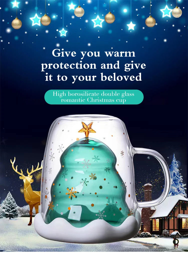 Christmas Tree Cup Transparent Double Heat Resistant Creative Couples Mug Snowflake Drinking Glass Children's Gift Coffee Cups