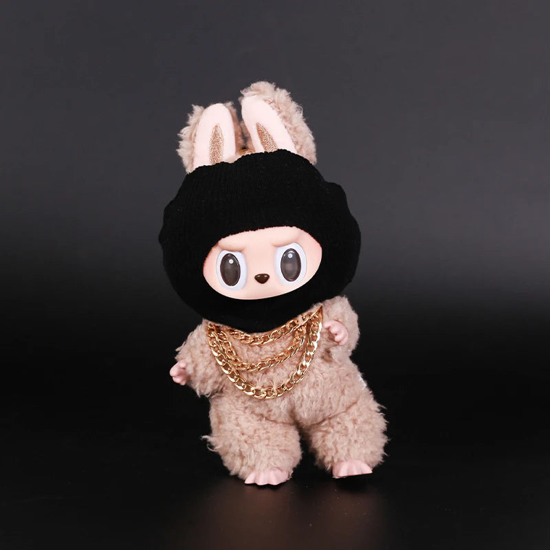 Luxury Tidal Current Labubu Black Hip Hop Mask Knitted Hat Accessories 3-Layer Big Gold Chain Street Fashion Doll Ornaments