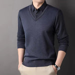 Winter Fleece Knit Pullovers Men Smart Casual Knitted Sweaters Mens Shirt Collar Fake Two Knitwear Fashion Slim Fit Man Sweater