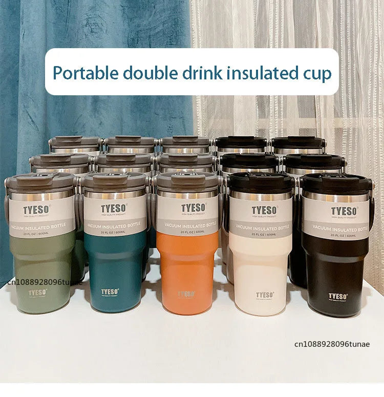 Tyeso 600/750/900ML Car Coffee Cup Thermo Bottle with Straw Portable Sport Insulated Vacuum Flask Travel Thermal Water Bottle