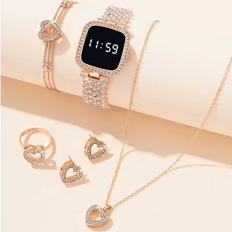 Women Led Watch 6pcs Set  Fashion Casual  Digital Watch FREE Bracelet Ring Necklace Earring