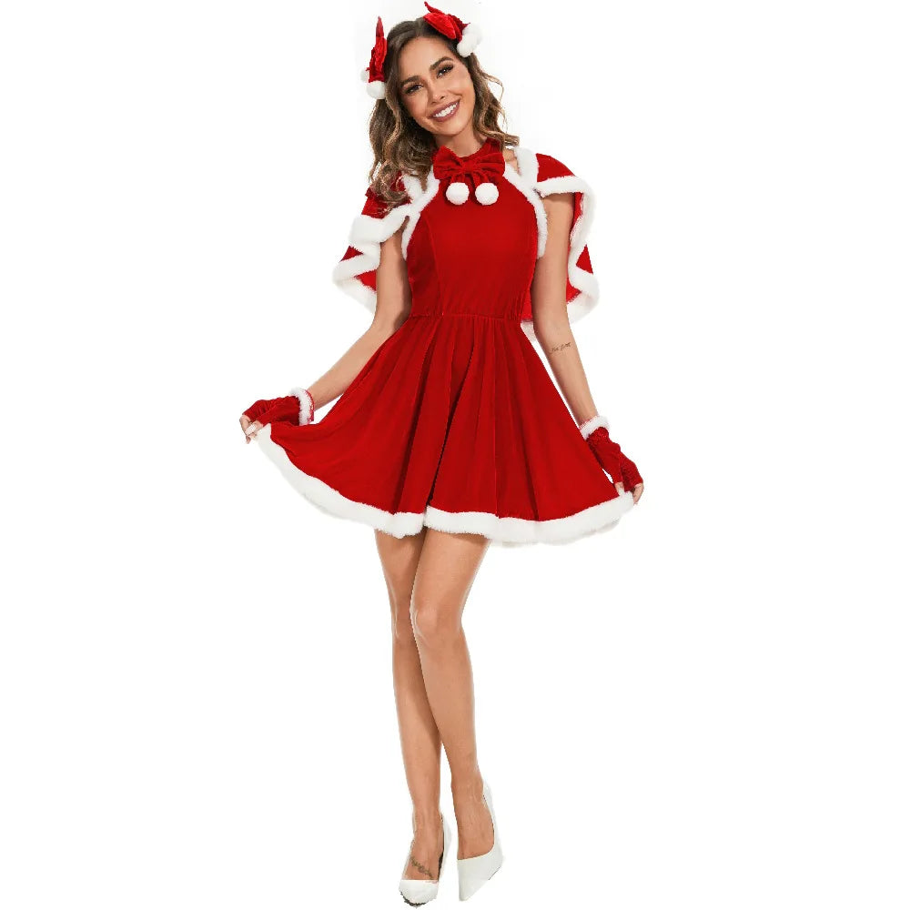 Red Sexy Christmas Uniforms Women's Santa Dress Adult Role Playing Outfit With Shawl Party Performance Fancy Clothing