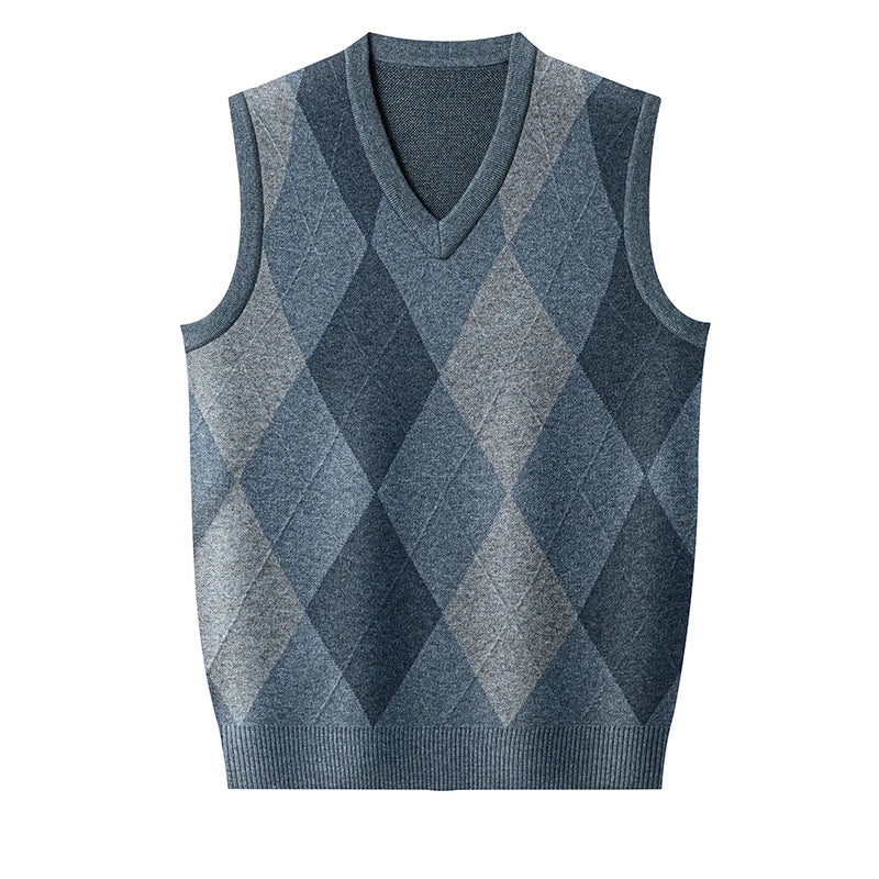 2025 Autumn Winter Knit Vests Men Fashion Argyle V-Neck Smart Casual Sleeveless Knitted Sweater Men Slim Fit Warm Pullover Vest