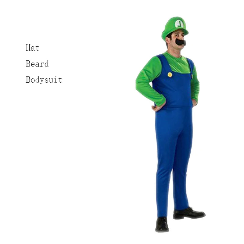 Disguised men's Luigi luxury adult costume super brother costume role-playing fancy dress set Halloween women's hat and beard