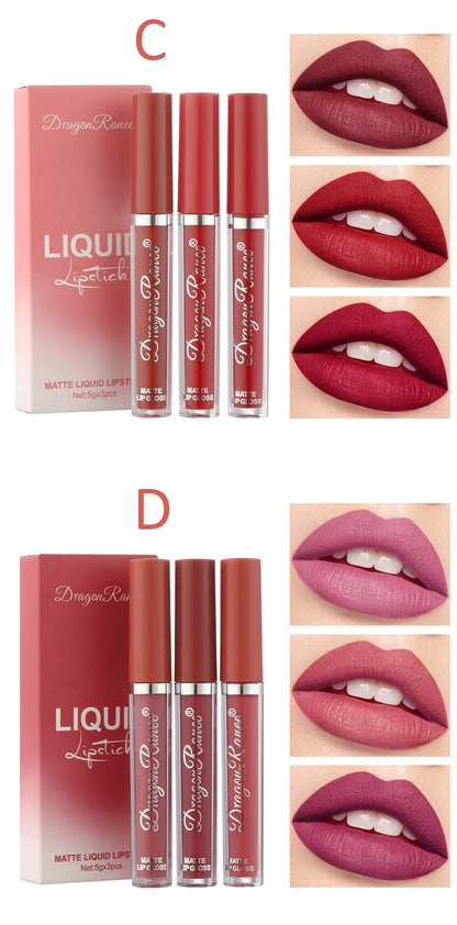 3Pcs/box Liquid Lipstick Set Matte Velvet Lip Gloss Set  Waterproof Liquid Lipstick Lip Non Stick Cup Lip Gloss Makeup