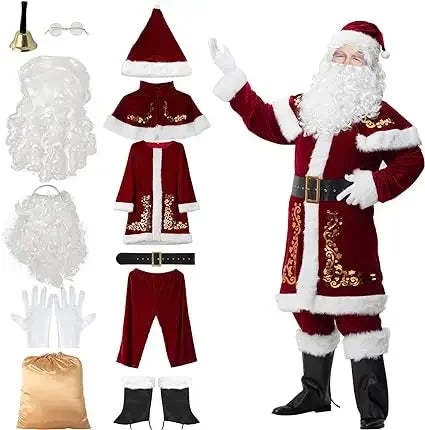 Ecoparty Santa Claus Costume Christmas 12pcs Deluxe Velvet Santa Suit for Adults Teenager Plus Size 6XL