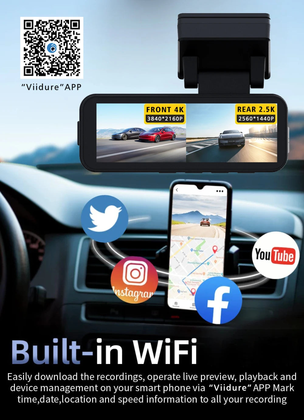 Dash Cam Dual Lens 4K UHD Recording Car Camera DVR Night Vision Video Recorder GPS Wi-Fi Room Black Box 2.5K Rear View Camera