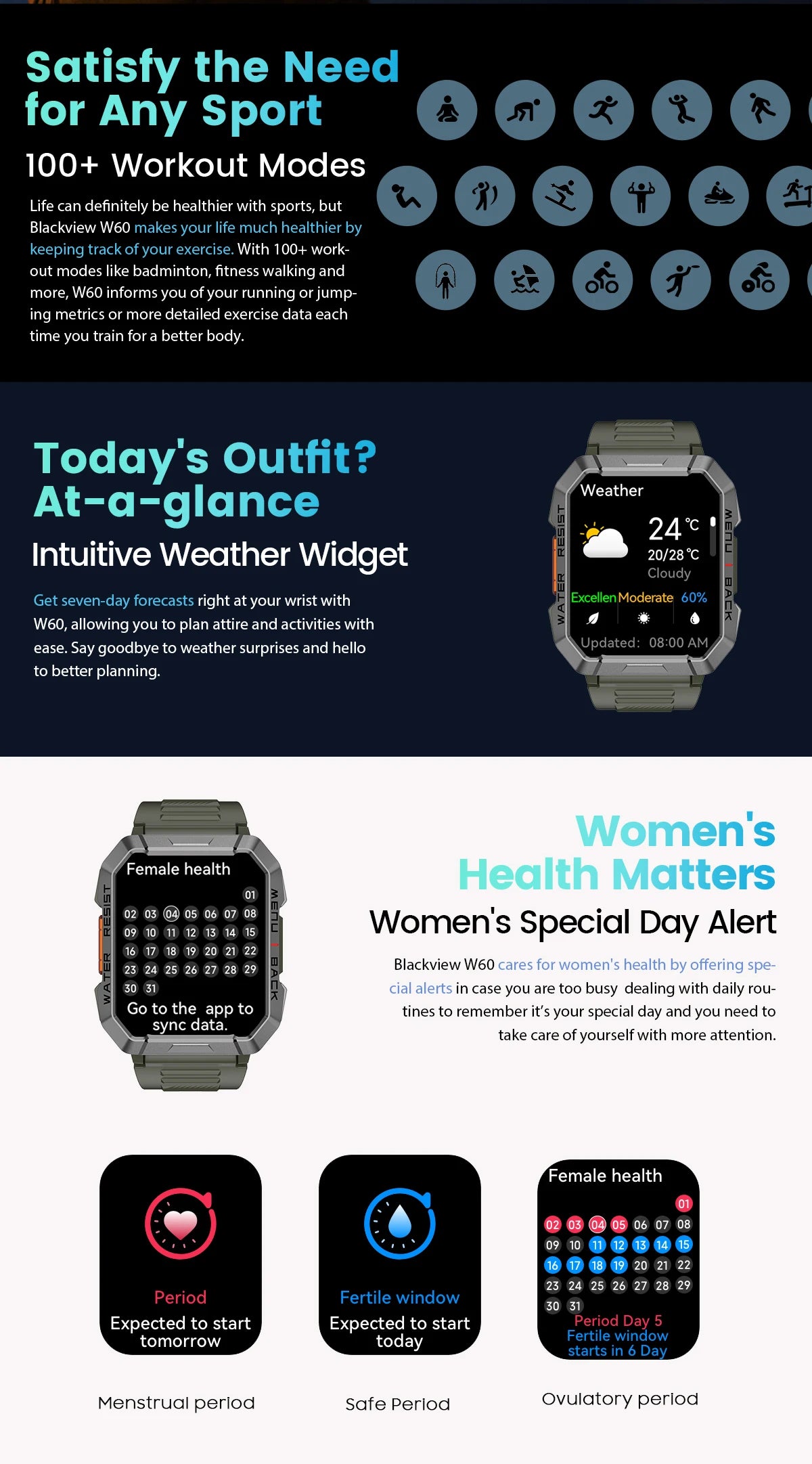 Blackview W60 2024 New Smartwatch 2.01'' HD Display TFT Rugged Smart Watch for Outdoor With Emergency Lighting Bluetooth Calling