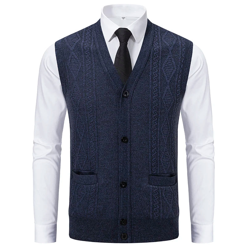 Autumn Winter Warm Slim Fit Knit Vests Men V-Neck Solid Color Smart Casual Knitted Waistcoat Mens Geometric Sleeveless Knit Vest