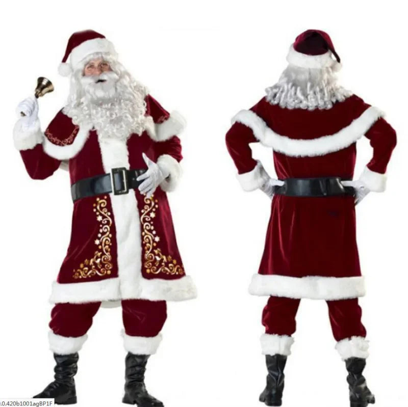 Red Deluxe Velvet Fancy 8pcs Set Xmas Party Man  Santa Claus Suit Adult Cosplay Costume
