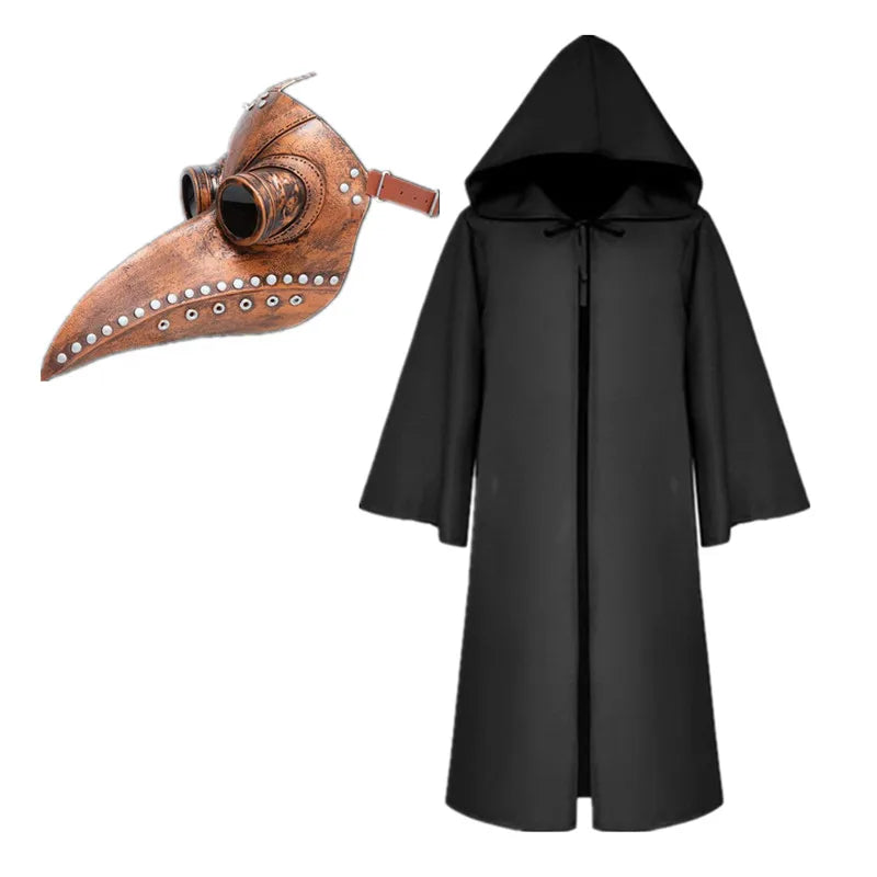 Halloween Cloak Plague Doctor Mask Cosplay Costume Sorcerer Long Shirt Hooded Black Robe Adult and Child Holiday Costume Set