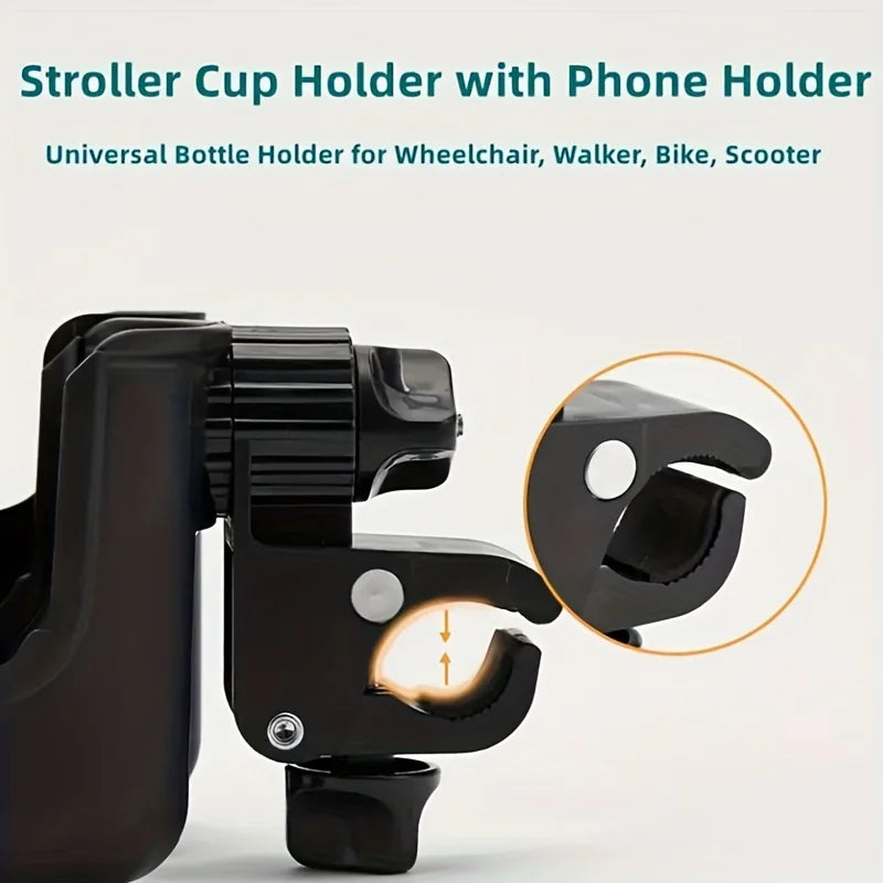 2-in-1 Universal Stroller Water Cup Holder With Phone Holder, Universal Bottle Holder For Wheelchair stroller Accessories