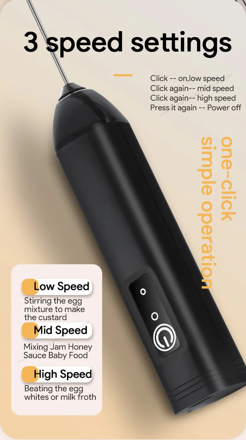 Electric Milk Frother USB Rechargeable Handheld Egg Beater 3 Speeds Foam Maker Mixer Coffee Drink Frothing Wand Foamer Kitchen