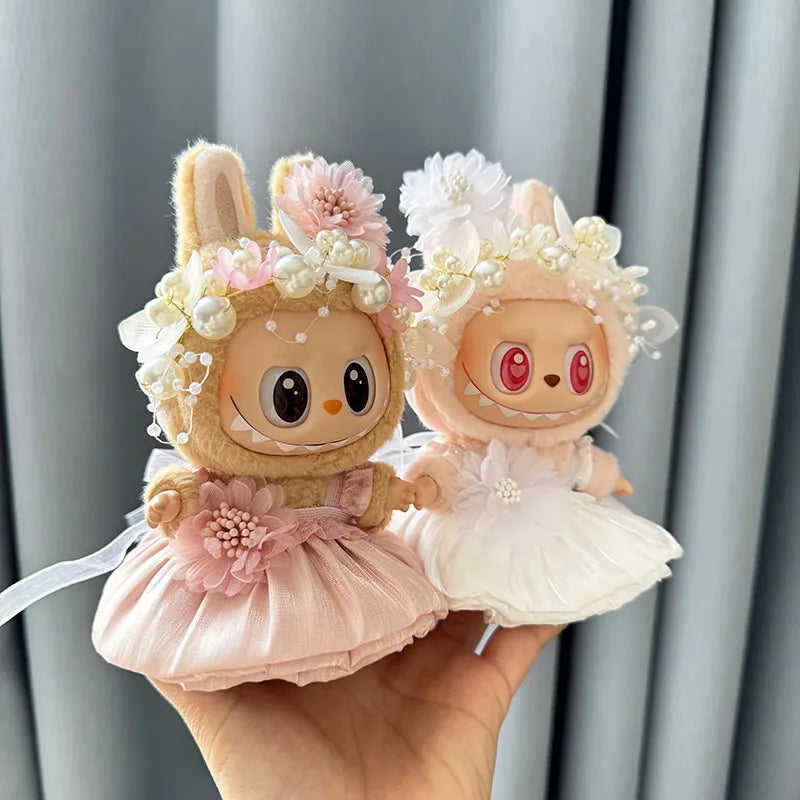 Luxury Plush Wedding Dress Dolls Clothes for Labubu I II Korea Style Fluffy Romantic Wedding Dress Flower Hat Suit for Ladbubu