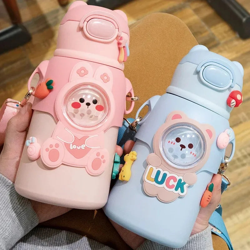 400/500ML Kids Water Bottle Cartoon Dinosaur Thermos Mug Baby Duck Billed Straw 316 Stainless Steel Vacuum Flasks Thermos Bottle