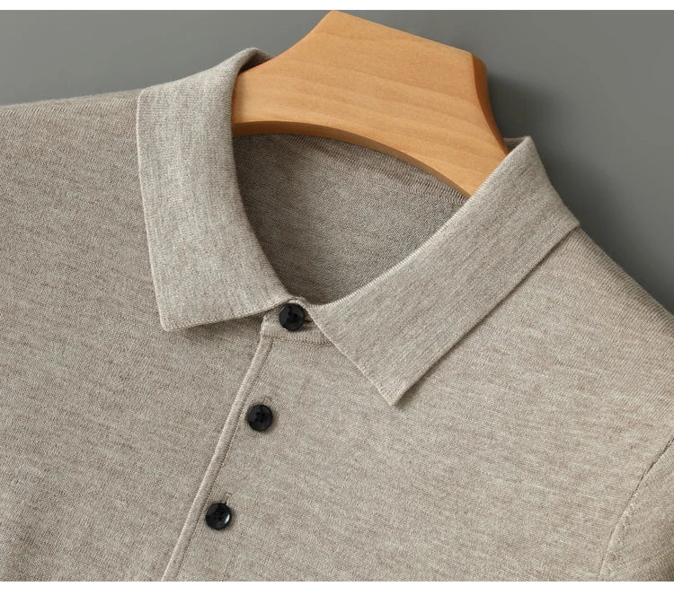Spring Autumn Collar Long Sleeve Men's Wool Sweater Solid Color Collar Polo Sweater High end Thin Hooded Business Casual Sweater