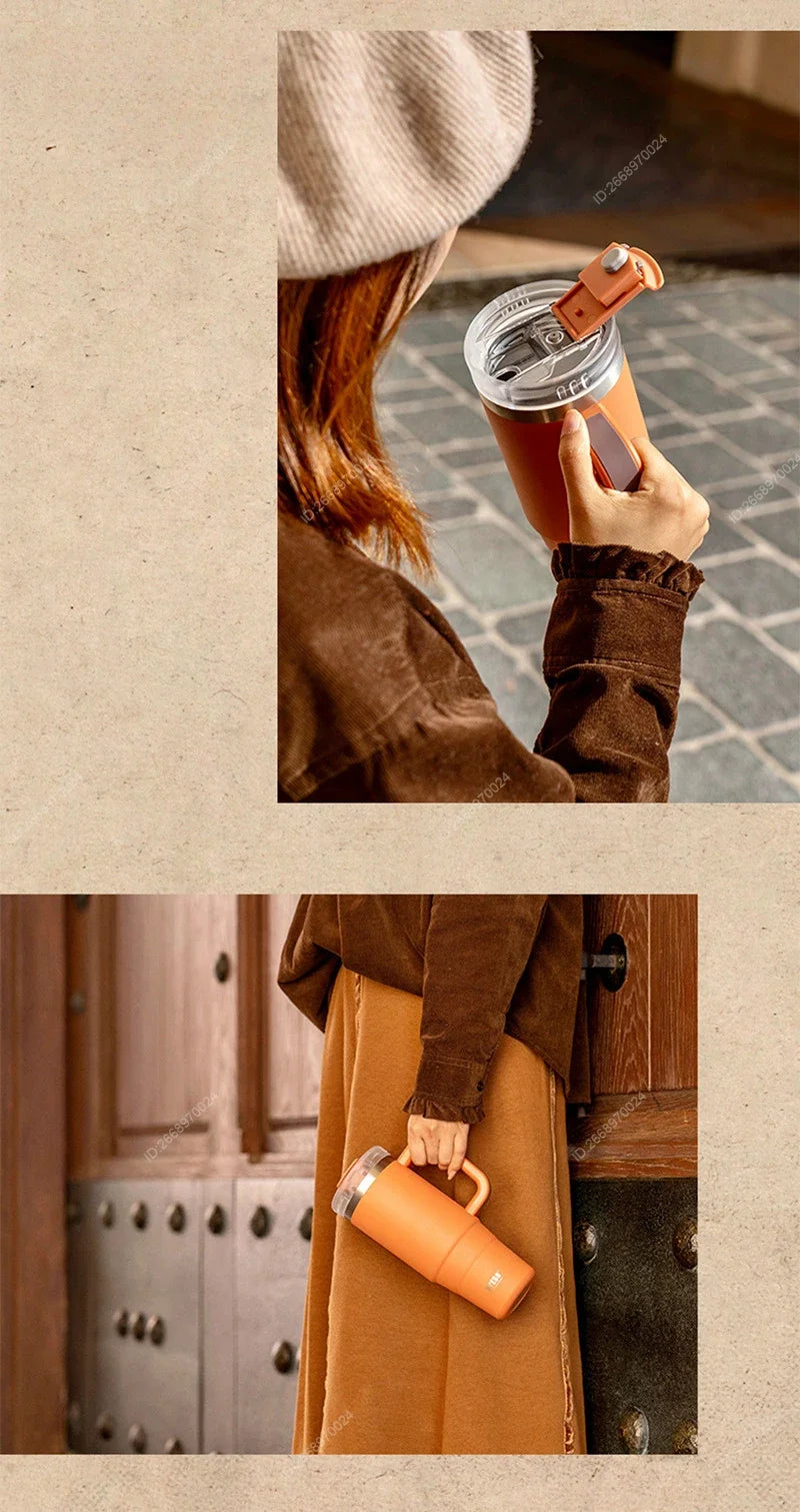 Tyeso 900/1200ML Tumbler Bottle Stainless Steel Car Mug With Handle Straw Thermal Iced Travel Vacuum Insulated Coffee Hot Cup