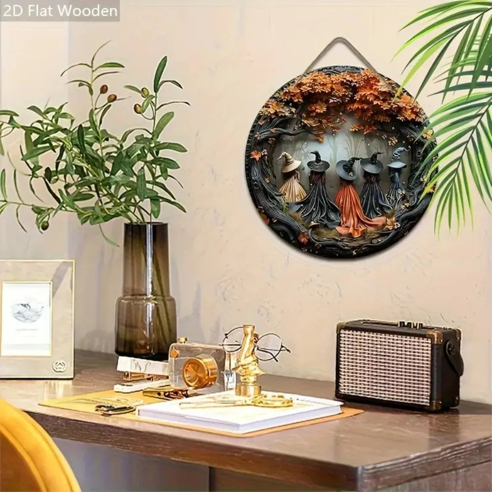 2D Exquisite Witch and Autumn Leaves - Halloween Circular Wooden Sign, Suitable for Home, Restaurant, Bar, Door Decoration Gifts