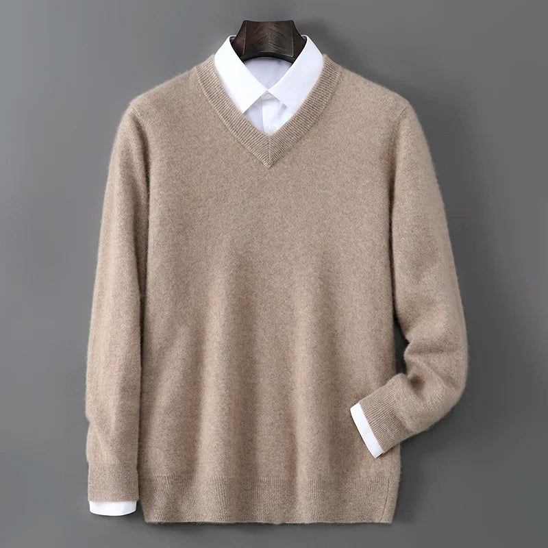 V-Neck Men's 100% Pure Wool Pullover Knitted Sweater, Business Casual Solid Color Simple Long Sleeved Fashionable Loose Warm Top