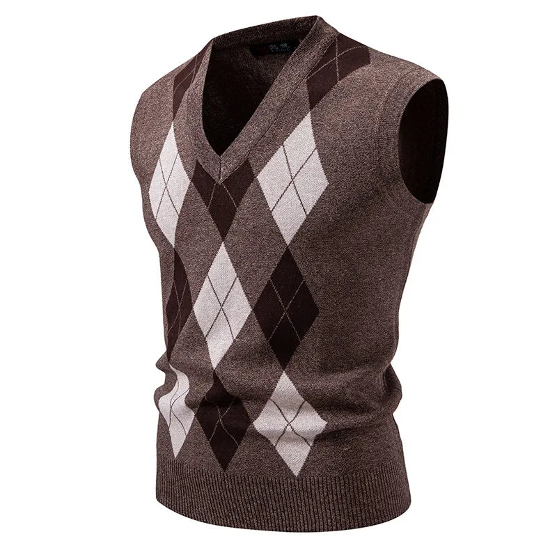 Men's Sleeveless Knit Vests Fashion Geometric Knitted Pullovers Men V-Neck Smart Casual Sweater Tank Tops Knitting Mens Clothing