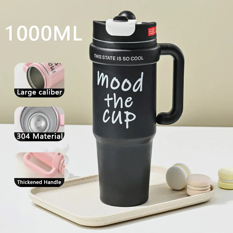 1000ML Thermal Water Bottle 32oz Large Capacity With Straw Stainless Steel Thermos Bottle Cold and Hot Thermos Cup