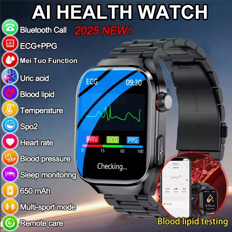2025 New ECG+PPG Accurate Measure Heart Rate Smart Watch Men Blood Pressure Lipids Uric Acid Bluetooth Call Health Smartwatches