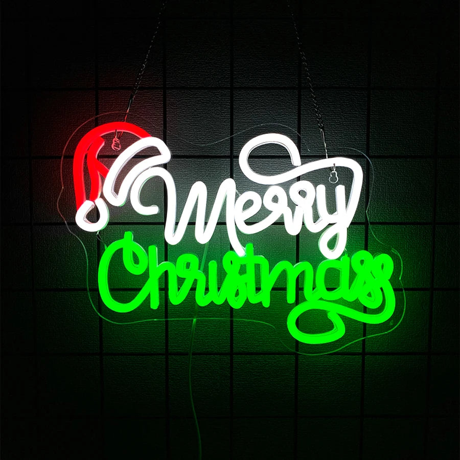 Merry Christmas Neon Sign for Wall Decor,Christmas Neon Sign with Xmas Tree and Santa Hat for  Living Room Home Party Decor