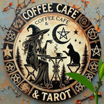 Waterproof Metal Sign - Witchy Coffee Tarot Theme (1 Piece) | Features Mysterious Witch, Cat,Pentagram & Crescent Moon Designs