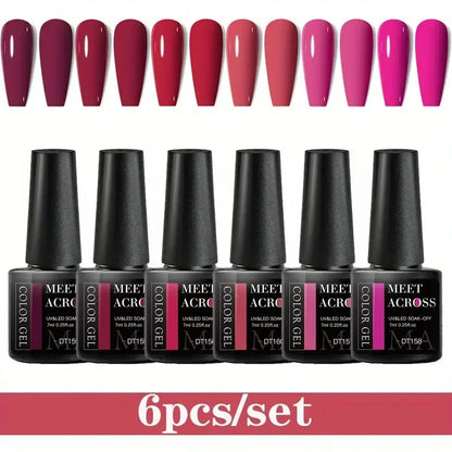 MEET ACROSS 6Pcs Gel Nail Polish Set Pink Red Green Macaron Color Manicure Kit For Nails UV Gel Nail Art Varnish Nail Supplies
