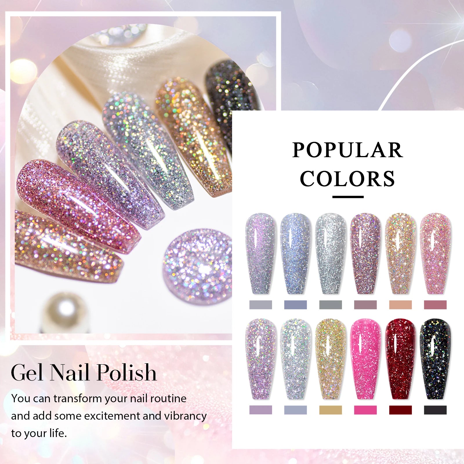 12pcs Glitter Gel Nail Polish Set Sparkling Glitter Semi Permanent Soak Off UV Gel Varnish Nail Manicure With Box Nail Supplies