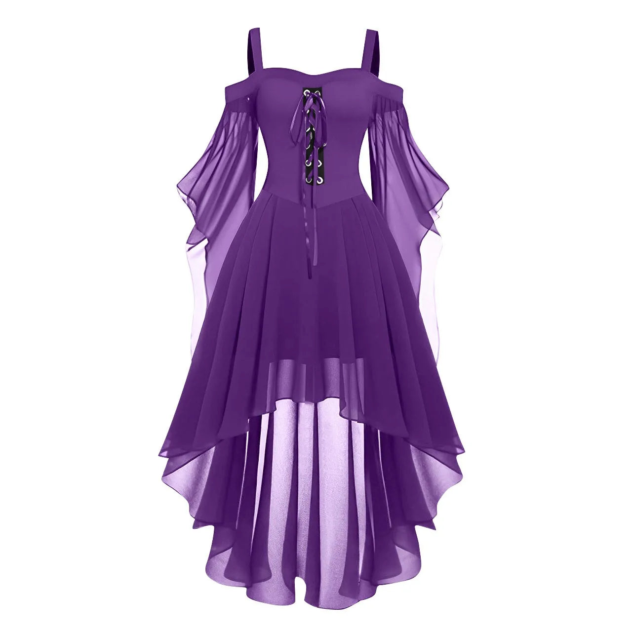 Halloween Witch Cosplay Costumes Women Casual Plus Size Cold Shoulder Dress Solid Color Chiffon Butterfly Sleeve Gothic Dress