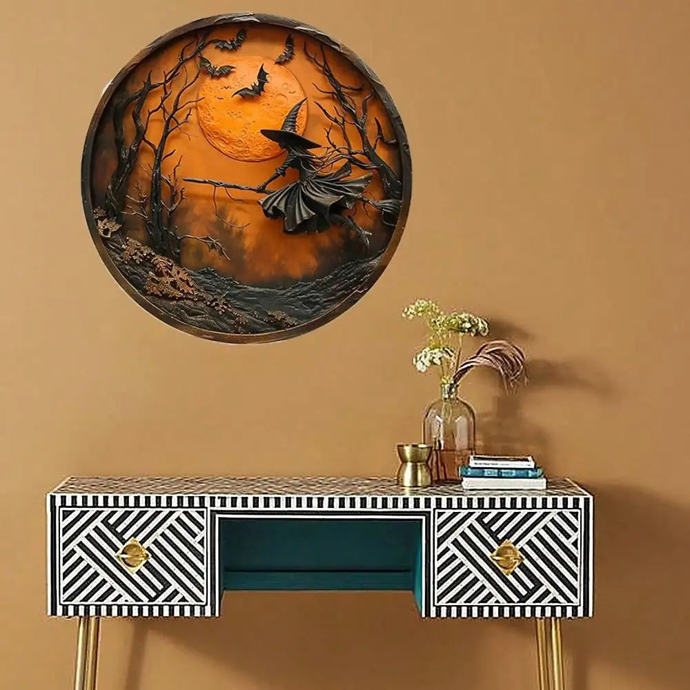 1pc Halloween 3D - Effect Witch Wall Decor, Round Hanging Sign with Bat & Moon Scene, Spooky Festive Home Decoration