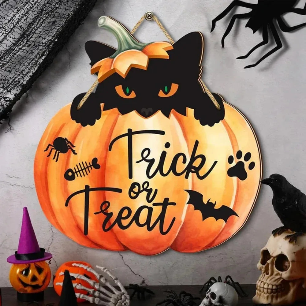 Halloween "trick or Treat" Sign, Pumpkin Black Cat Wooden Hanging Sign, Home, School, Party, Haunted House, Porch Decoration