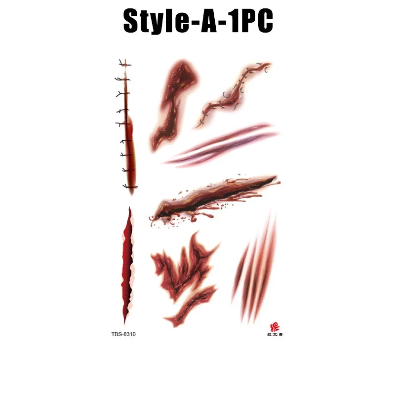 Horror Realistic Fake Bloody Wound Stitch Scar Scab Waterproof Temporary Tattoo Sticker Halloween Masquerade Prank Makeup Props