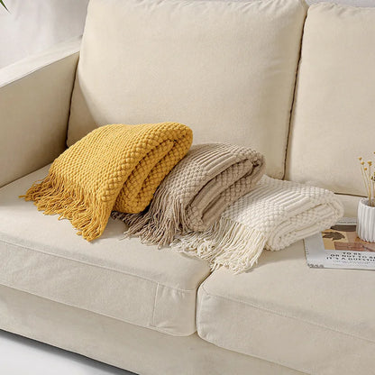 Khaki Gift Knitted Blanket with Tassels Chunky Vintage Luxury Farmhouse Throw Bedspread Oversized Blanket Cover Manta Para Sofá