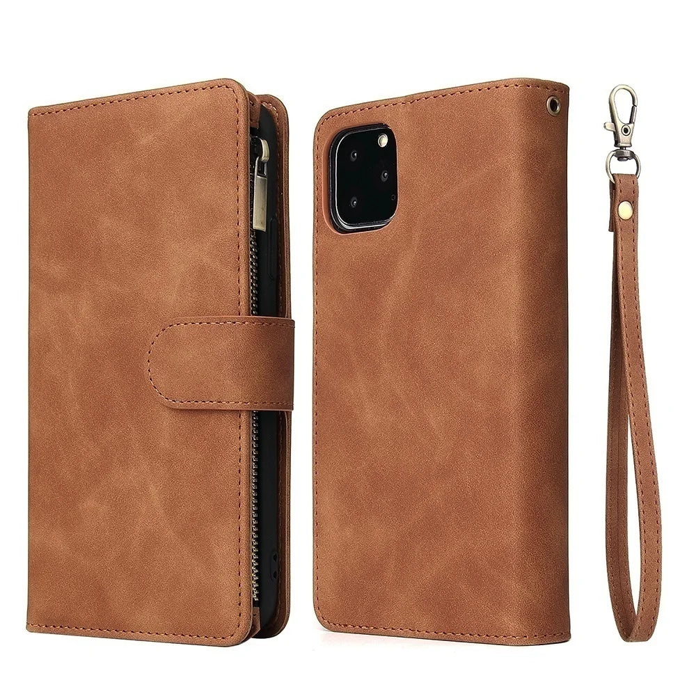 Premium Leather Wallet Case For iPhone 16 15 14 13 12 11 17 Pro Max Plus 17Air 16e Zipper Wallet Card Slots Magnetic Flip Cover