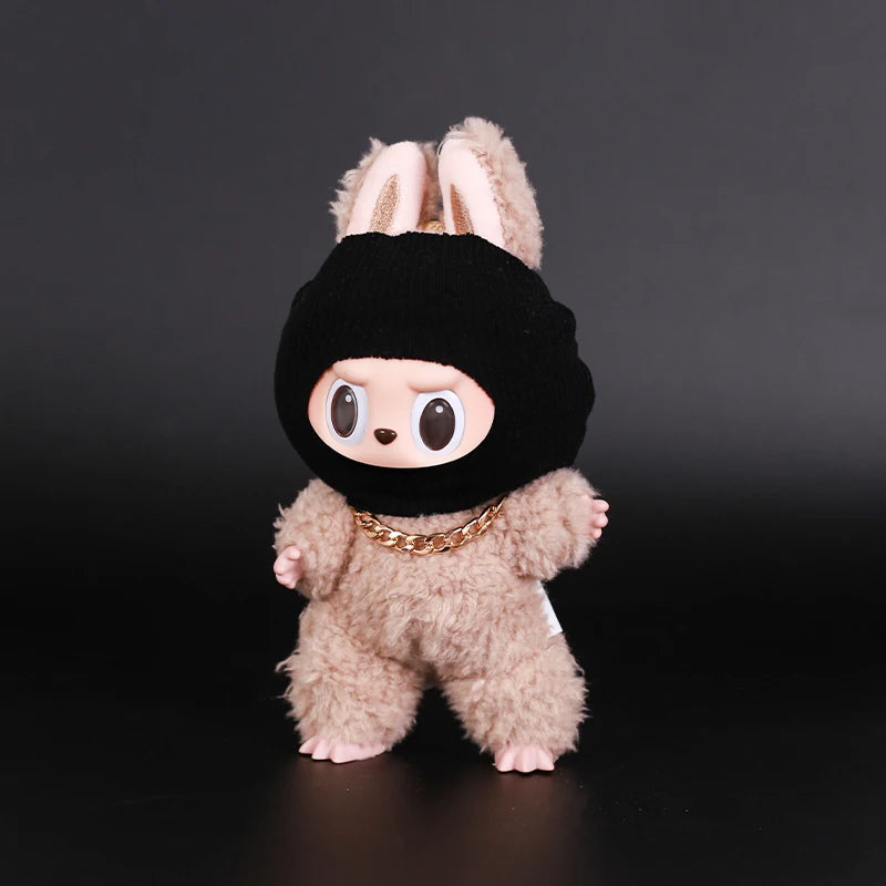 Luxury Tidal Current Labubu Black Hip Hop Mask Knitted Hat Accessories 3-Layer Big Gold Chain Street Fashion Doll Ornaments