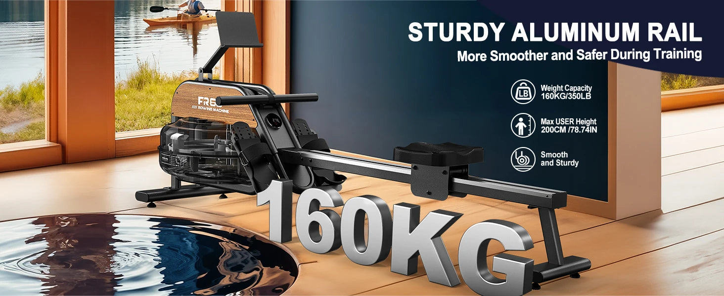Fysiq Home Rowing Machine, Made of High-Quality Wood, 28L Extra-Large Water Tank, 50% Increased Resistance, Bluetooth Display, Maximum User Height 200cm