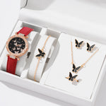 Women Watch Ring Necklace Earrings Bracelet Set Watches Butterfly Leather Strap Ladies Quartz WristWatch (No Box)