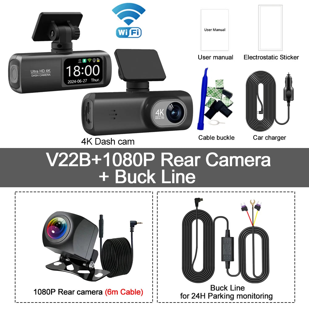 UHD 4K WiFi Dash Cam Dual Lens Driving Recorder Car DVR Optional 1080P Rear Lens Camera GPS 24H Parking Monitoring Black Box