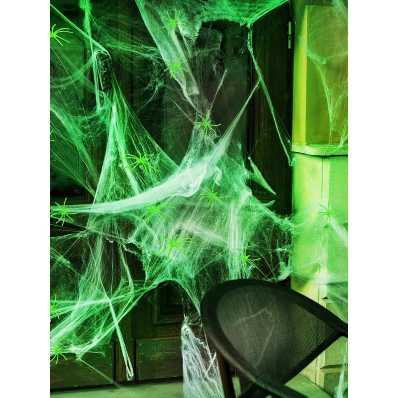 Glow-In-The-Dark Spider Web Set with Spiders, Fluorescent Expandable Spider Web for Halloween Decoration Indoor Outdoor Party