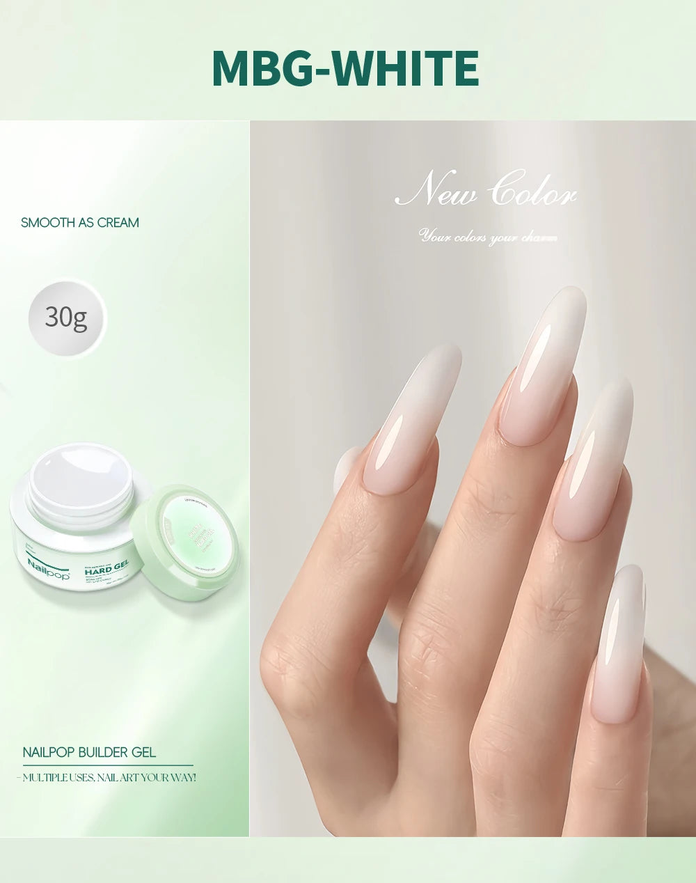 Nailpop HEMA-FREE Builder Gel 30g for Nail Extension Milky Smooth Clear/Pink Long Lasting Quick Building Soak Off UV Nail Gel