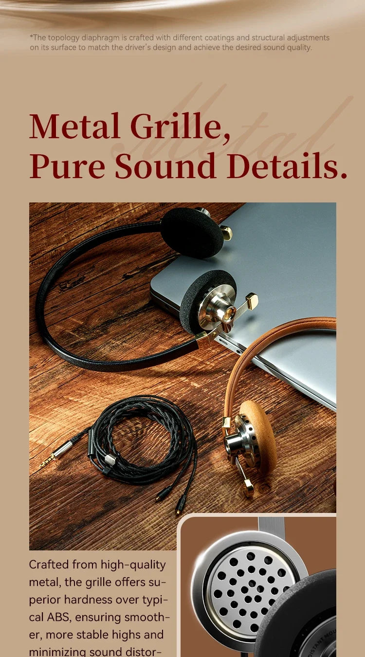 ROSESELSA Distant Mountain Retro Over Ear HiFi Headsets OOTD Vintage Metal Wired Headphones with MMCX 3.5mm Plug