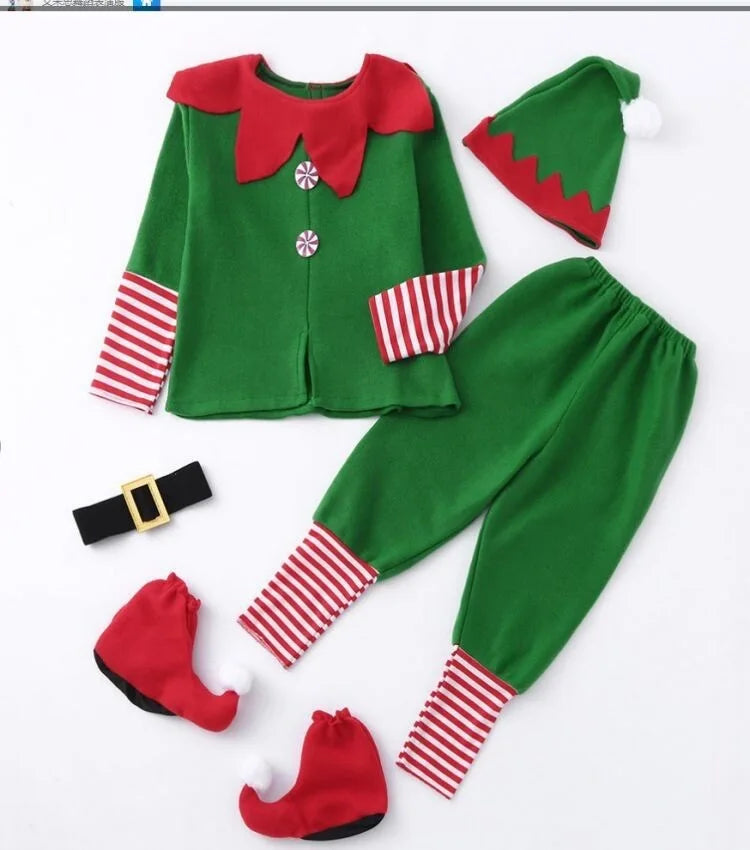 New Year Elf Costume For Kids Girl Boy Green Santa Claus Suit Set With Hat Children Fancy Christmas Party Dress Set Performance