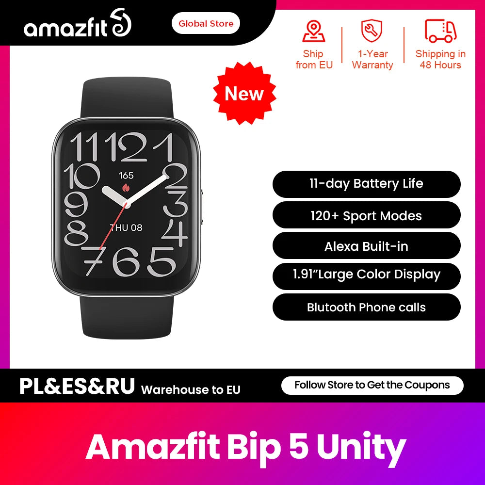 New Amazfit  Bip 5 Unity 46mm Smart Watch 120+ Sport Modes 24-hour Health Monitoring Smartwatch For Android IOS Phone