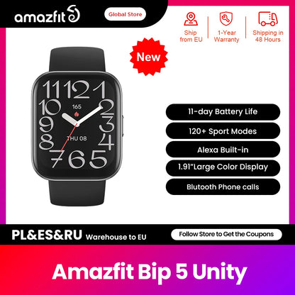 New Amazfit  Bip 5 Unity 46mm Smart Watch 120+ Sport Modes 24-hour Health Monitoring Smartwatch For Android IOS Phone