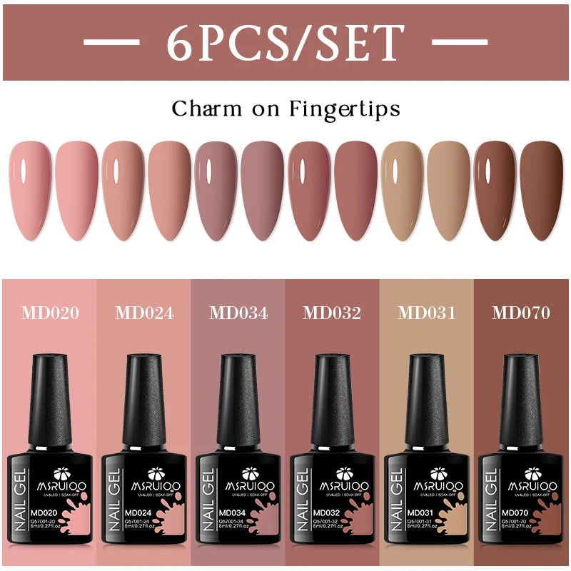 MSRUIOO 6pcs Nude Pink Gel Nail Polish Set Glitter Colorful Semi Permanent UV Gel Kits DIY Nail Art Painting Varnish Manicure