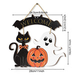 Halloween Decorative Wooden Sign with Black Cat, Pumpkin and Ghost - "Welcome" Design for Door Hanging