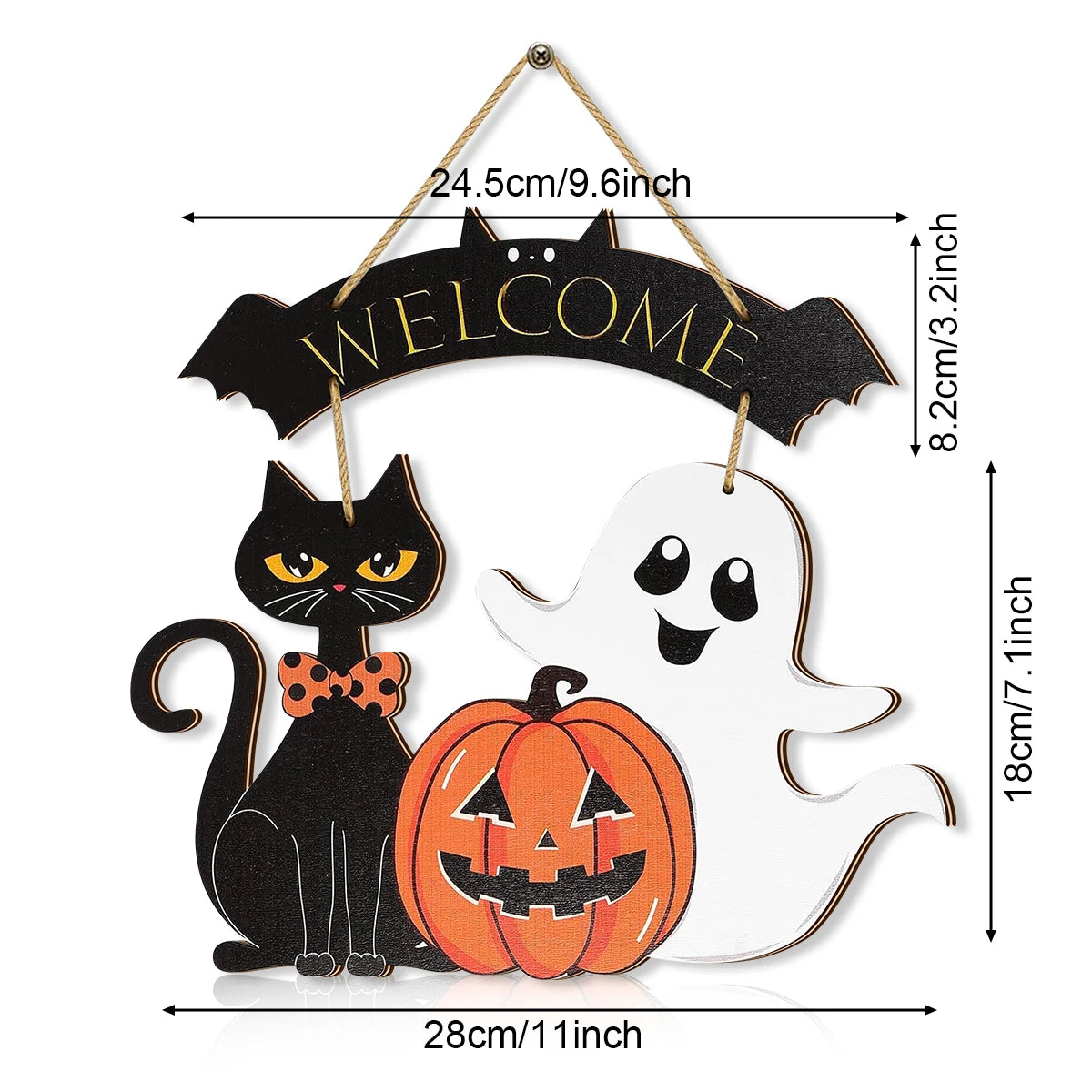 Halloween Decorative Wooden Sign with Black Cat, Pumpkin and Ghost - 