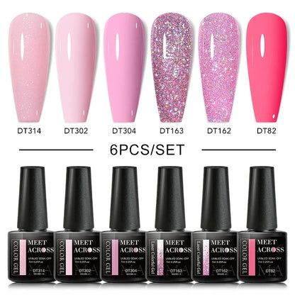 MEET ACROSS 6Pcs Gel Nail Polish Set Pink Red Green Macaron Color Manicure Kit For Nails UV Gel Nail Art Varnish Nail Supplies